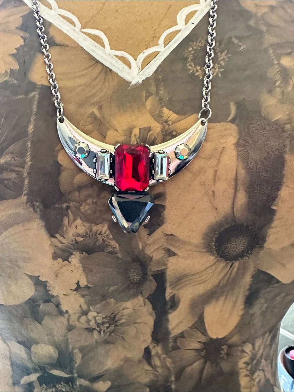 Silver-Tone Necklace with Red and Black Gem Accents